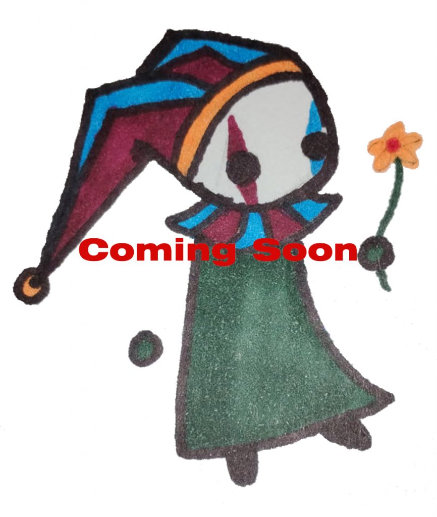 Cartoon like jester figure holding a flower