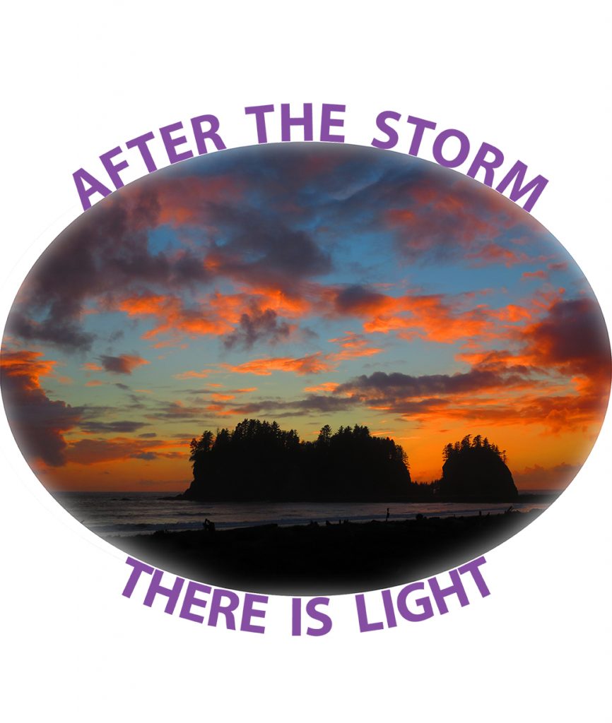 Sunset in a broken cloud sky silhouetted behind sea stacks
 "After the storm   there is light"