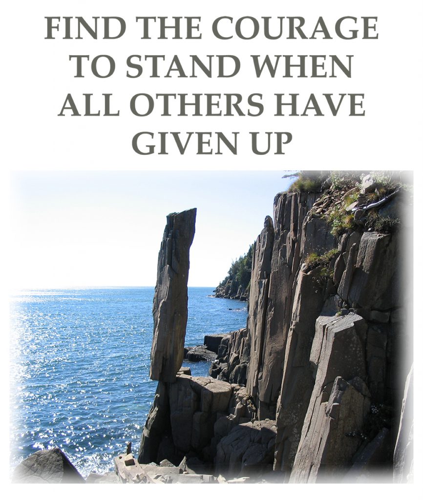 Photo of a tall rock balancing upright by a seaside cliff
"Find the courage to stand when all others have given up"
