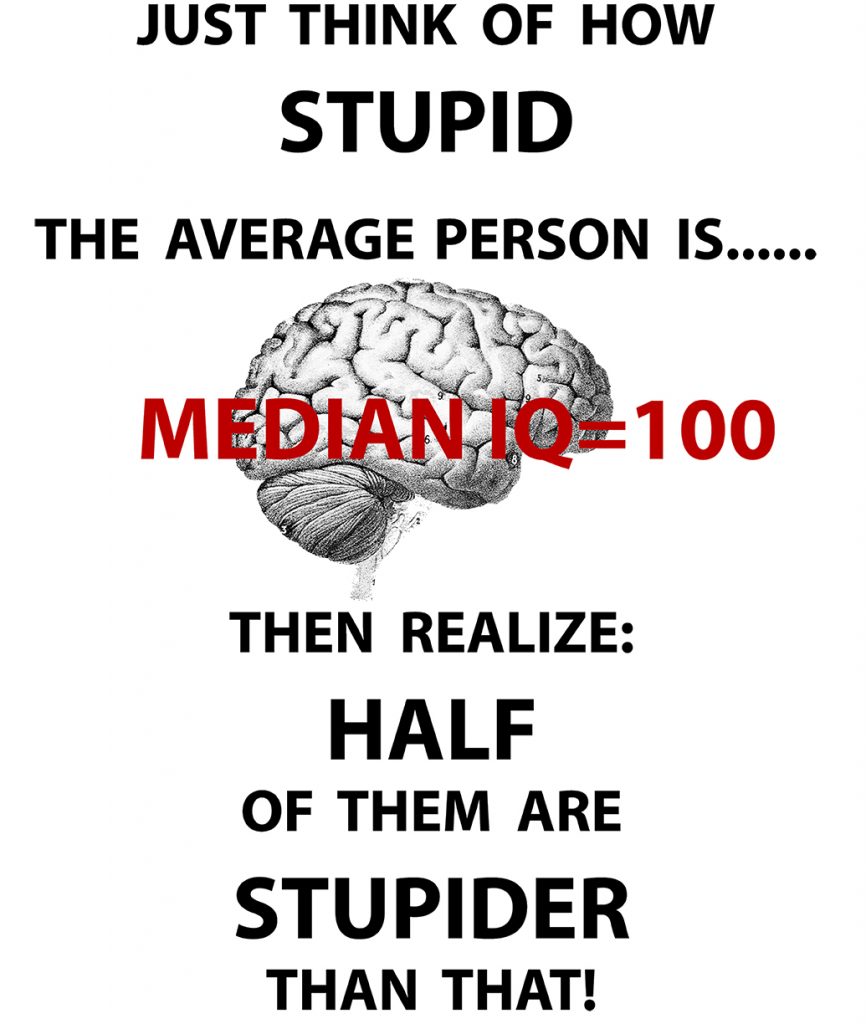 Drawing of a brain captioned "median IQ=100"
"Just think of how stupid the average person is.....then realize: half of them are stupider than that!